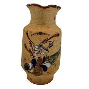 Mexican Tonala 10.5" Pitcher Bird Flowers Pottery Brown Pigeon Dove Hand Painted